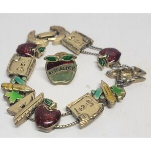 Vtg Teacher Themed Apple Math School Supplies Charm Bracelet & Pin Set Gold Tone